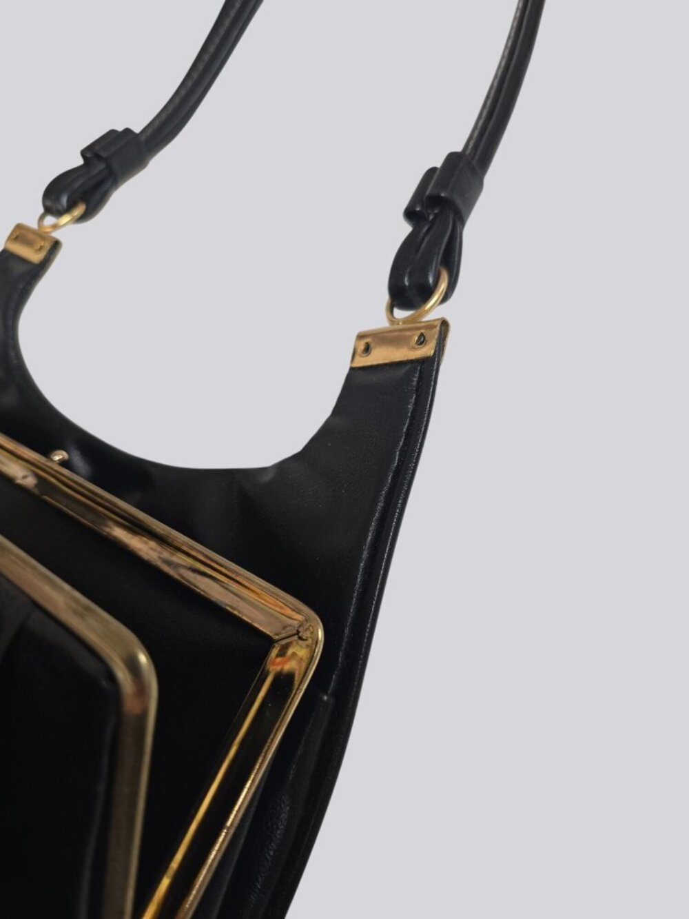 Vintage Black Leather Shoulder Bag Gold Accents & Dual Straps - Picture 8 of 15